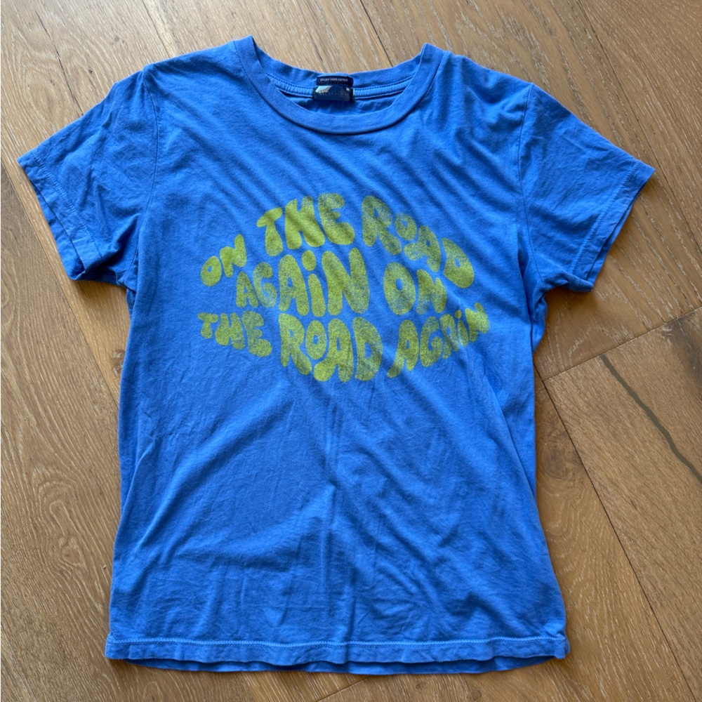 Blue Graphic Short Sleeve Tee with Yellow Print